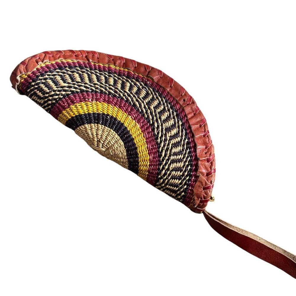 Boho Straw Clutch Leather Trim Zipper Wristlet Strap Unique Half-Moon Shape